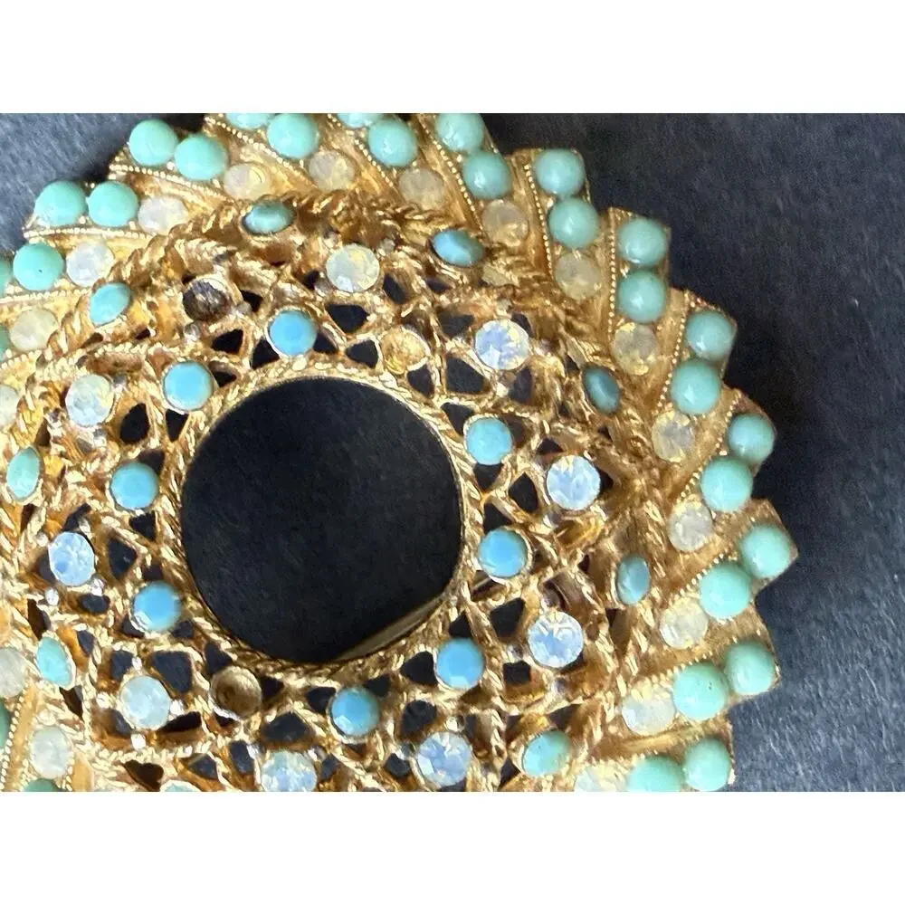 Vtg Sarah Coventry Aquarius Simulated Turquoise Opal Gold Brooch 1970s Retro
